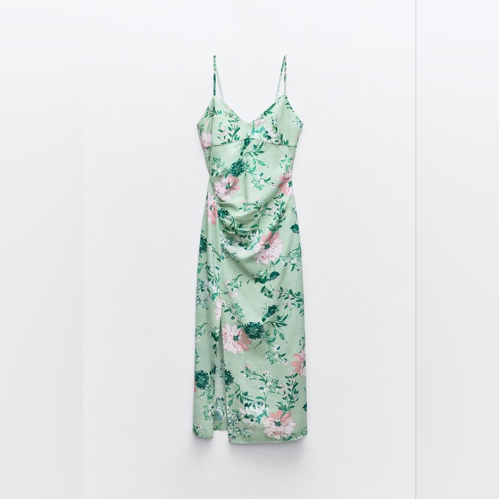 Zara Linen Blend Floral Print Midi Dress